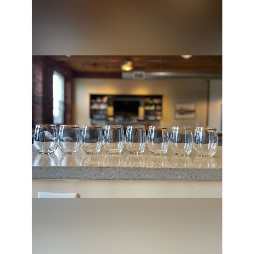 Clear Stemless Wine Glasses with Fold Stripe On the Top - Set of 8